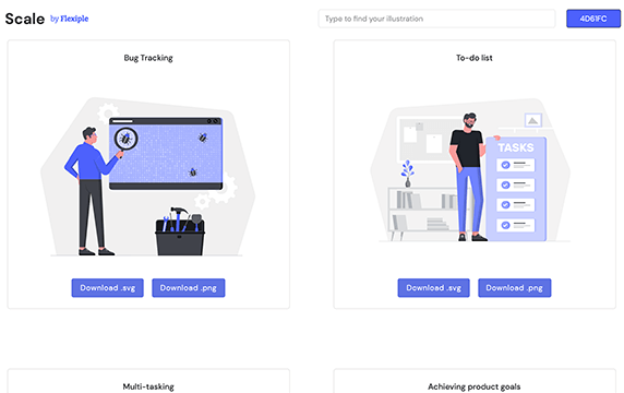Flexiple - 一组高质量的开源插画：网站上可以使用颜色选择器实时更改插画配色，支持下载PNG、SVG格式，可以免费用于个人和商业项目中。