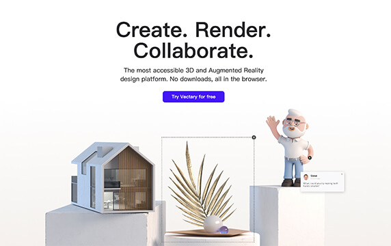 Vectary - 在线3D建模神器：最易于访问的3D和增强现实设计平台，这里有大型且快速增长的免费场景、模型和材质库，因此您无需从头开始或花很长时间来掌握3D。