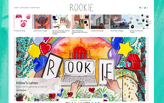 ROOKIE - 在线杂志网站：ROOKIE是一个在线杂志网站，有超多的拼贴素材，虽然目前已经停更，网站还是积累了很多期刊和素材。