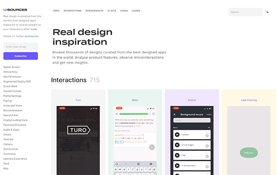 UI Sources - 真正的设计灵感：真正的设计灵感来自世界上设计最好的应用程序，左侧导航可以根据各类产品去搜索你想要的应用程序