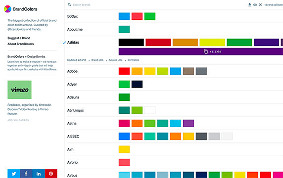 BrandColors - 颜色代码合集的色彩网站：BrandColors 的网站收集了世界知名品牌、企业公司、网络服务使用的标准色,内建搜寻查找功能。