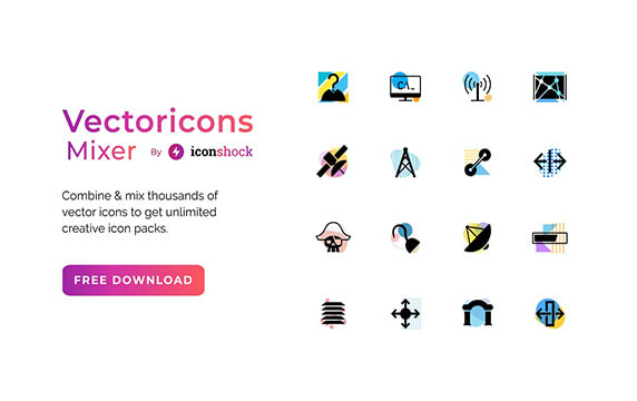 VectorIcons - 彩色形状的数千个矢量图标：一个矢量图标混合器 - VectorIcons，它是一个简单的在线工具，允许您混合和匹配具有彩色形状的数千个矢量图标，只需点击几下即可生成新的图标集。
