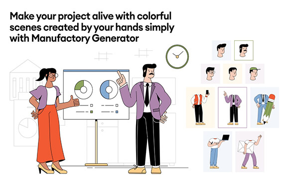 Manufactory Illustrations - 丰富多彩的插画构造器：一个丰富多彩的插画构造器，它超过150个元素、80个内部元素、58个背景组合，使用这些元素可以帮助我们创建丰富多彩的场景供我们的移动端或Web产品使用。