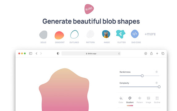 Blobs - 一键生成漂亮的Blob形状：一个可以免费生成Blob形状的网站，最近Blobs迭代了2.0版本，带来了许多新功能，比如：设置Blob形状颜色、渐变色、图案背景、自定义图片等等。