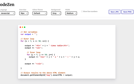 CodeZen - 代码转图像工具：CodeZen是一个非常简约的代码转图像工具，就像操作文本编辑器一样简单，能快速将你的源代码导出为具有语法风格的图像。