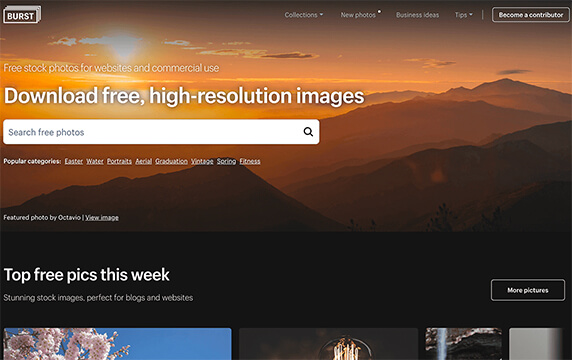 Burst - 免费照片平台：Burst 是由 Shopify 提供支持的免费照片平台，图像库包含数千个由全球摄影师社区拍摄的高分辨率、免费图像，你可以将图片用于个人或商业用途。