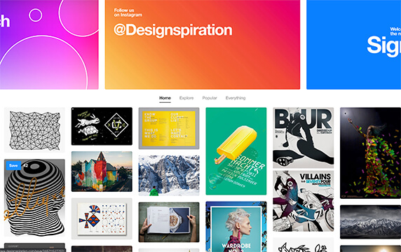 Designspiration - 设计启示录图片分享平台：由视觉设计师Shelby White于2010年创办，各种设计创意类的集合体。有建筑、插画、平面设计、创意组合等图片资源，支持关键词搜索和颜色搜索。