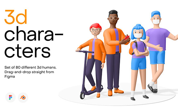 Humans - 时髦的3D角色集：网站上提供了80个不同的3D角色、20个不同的人物姿势、4种不同的服装，易于定制，支持Figma格式