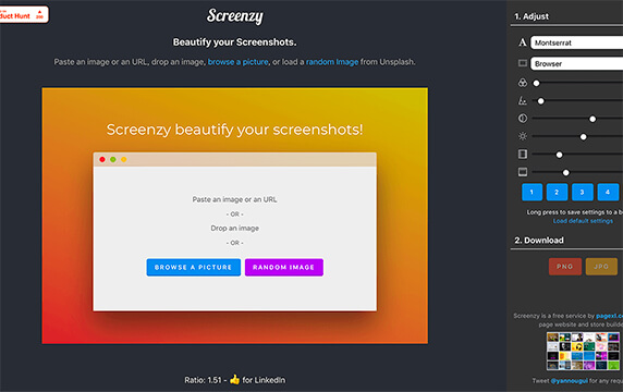 Screenzy - 图片和截图美化工具：Screenzy是另一个简单的图片和截图美化工具，受Screely启发并增加了一些功能，包括：使用字体选择标题、相框、粘贴图像或URL、渐变背景、内存预设等。
