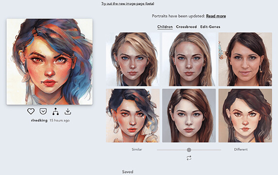 Artbreeder - AI人工智能换脸网站：Artbreeder可以结合两张脸的属性（比如：笑容、眼睛、皱纹肤色、五官等）来进行微调，类似于「基因之间的融合」。