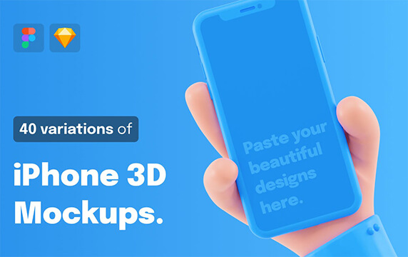 iPhone 3d mockups - iPhone 3D样机：40个iPhone 3D样机、5种颜色、4种手势样式，有垂直和水平视图，用在iPhone X、XS、11、11 Pro上轻松展示自己的iOS产品，支持Figma和Sketch格式，目前是付费下载。