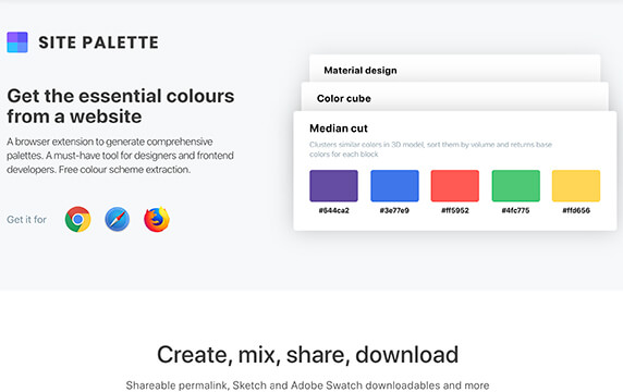 Site Palette - 网站调色板：Site Palette是一个浏览器插件，通过Site Palette插件可以自动提取任何网站的配色，并且生成三种不同取色模式。