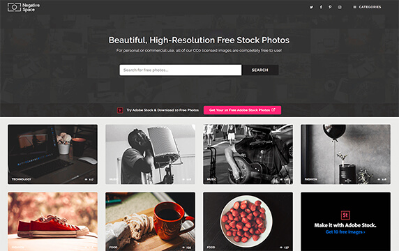 Negative Space - 摄影作品的图片网站：NegativeSpace是一个众所周知的分享摄影作品的图片网站，有大量高分辨率图片供个人或商业使用，照片除按热门标签分类外，还可按颜色分类查找。