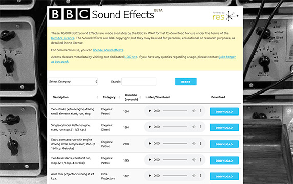 BBC Sound Effects - 免费声音资料库：收录超过16,000多个声音效果，无论是早期广播、演讲、动物鸣叫、城市、交通工具或战争时期的武器声都能在这个网站中找到。