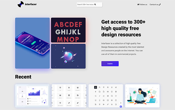 Interfacer - 300多种高质量的免费设计资源：Interfacer是是一个高质量的设计资源网站，有非常多优质的字体、插图、样机、模板、图标资源，所有内容免费可商用。