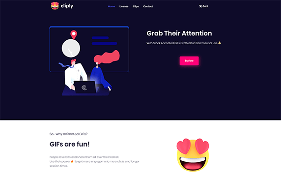 Cliply - GIF动画库：Cliply有免费可商用的无版权动画，也有免费下载需要注明出处的，它提供了8个分类，质量还不错。