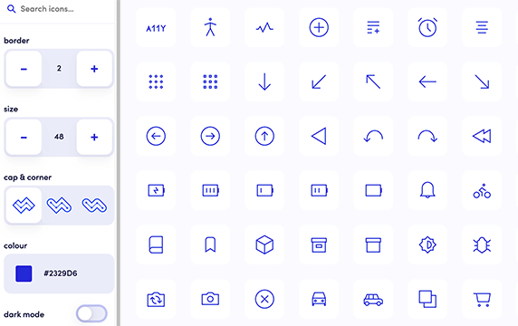 Ikonate - 可定制的矢量图标库：关于 Ikonate 你只需了解它支持自定义图标，即随意设置图标的边框粗细、图标大小、描边风格样式、颜色及黑暗模式等属性，并且它是100%免费和开源的。