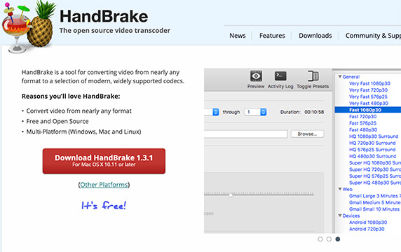 HandBrake - 开源视频转换工具：HandBrake是一款免费开源视频转换工具，目前在GitHub的Star数是4711，HandBrake不提供在线服务，只能下载到本地使用，适用于所有流行的操作系统。
