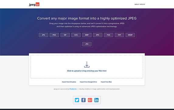 jpeg.io - 图片压缩工具：这是一个支持将JPG、PNG、GIF、SVG、BMP、EPS、PSD、TIFF、WEBP等多种格式的图片压缩为JPG格式的图片压缩工具，支持多张图片批量上传及下载。