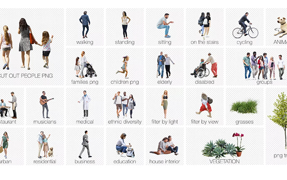 Mrcutout - 建筑师和3D图形设计师的抠图库：Mrcutout网站上的素材包含各种各样的免抠人物和配景素材，大部分素材都是免费的。