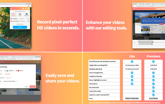 Screencastify - 屏幕录像机：Screencastify是一个轻量级Chrome扩展程序，能够捕捉整个桌面、浏览器选项卡或网络摄像头录制流畅/高清视频。
