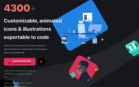 Shape - 可自定义的动画图标：形状可让您自定义静态和动画图标及插图的样式，颜色和边框。您可以导出到React，SVG和Lottie代码。