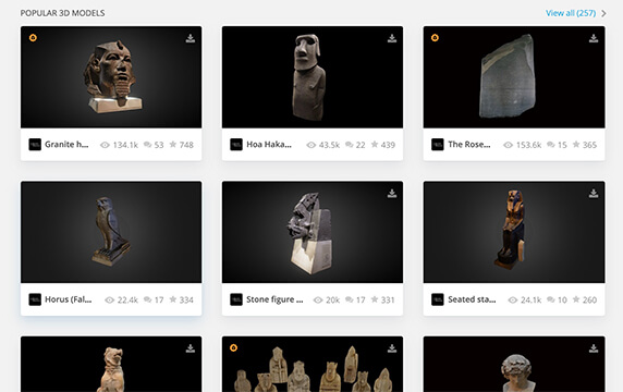 大英博物馆 - 艺术品、雕塑等3D模型：大英博物馆提供了很多3D模型素材，包括知名的法老头像、复活岛石像（Hoa Hakananai’a）、宙斯雕塑作品等等，可免费下载不可商用。