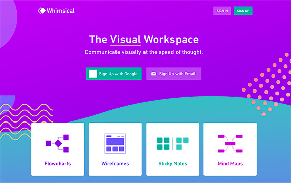 Whimsical - 思维导图在线制作工具合集：Whimsical是一个专注于用户体验和速度的团队协作可视化工作区，提供流程图、线框图、便签和思维导图在线制作工具合集。
